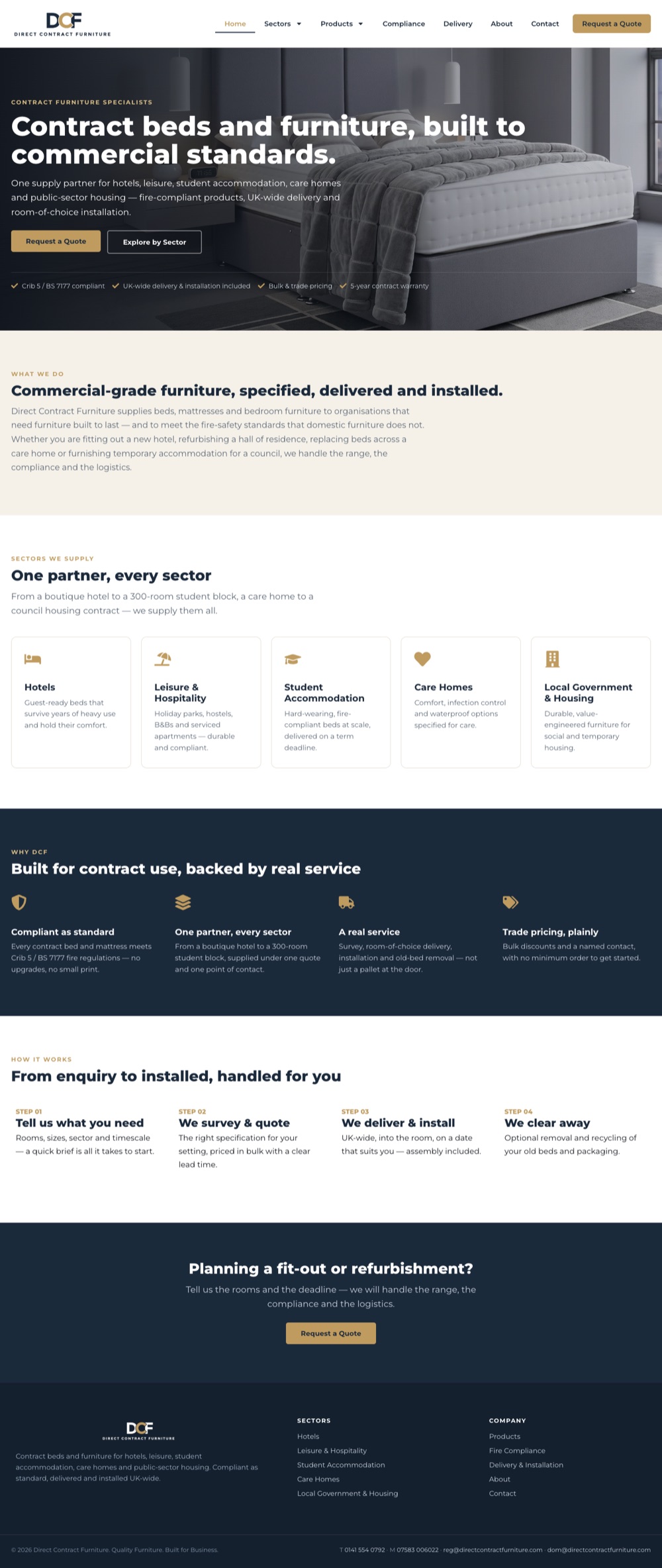 Full-page screenshot of the Direct Contract Furniture homepage